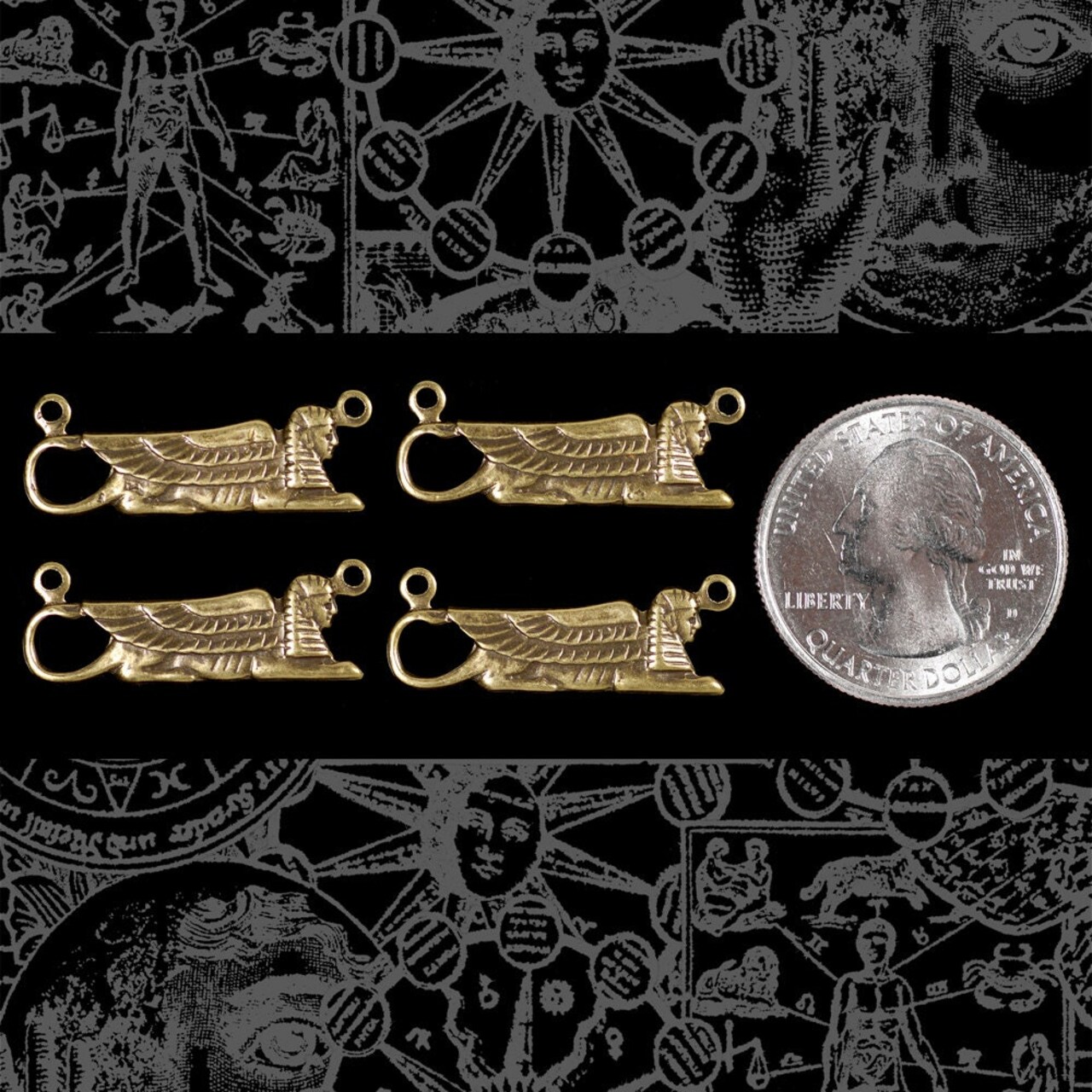 Antiqued Brass Sphinx Two Ring Connectors - Set of Six - AB-2C64